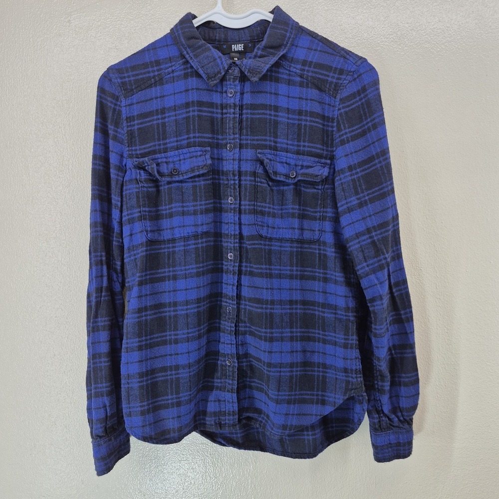 Paige Flannel Top Womens‎ XS Plaid Button Down Blue Black